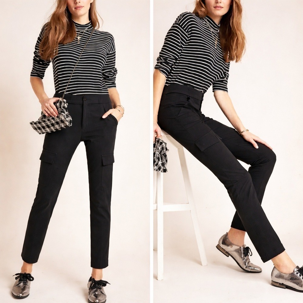 Anthropologie New Black Essential Slim Knit Cargo Pants Trousers SZ 12 Preppy